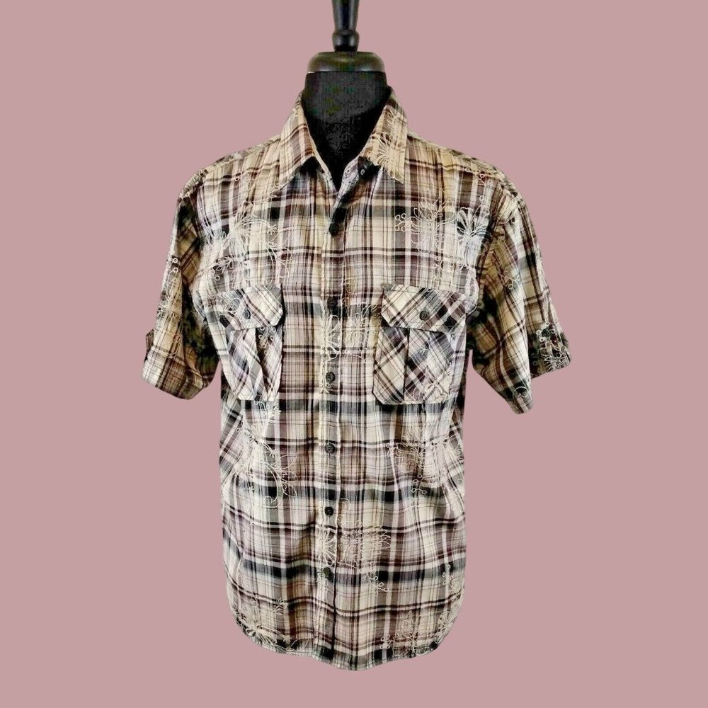 Vese Mens Shirt XL Embroidered Button Up Plaid Stitched Floral Design Short Sl